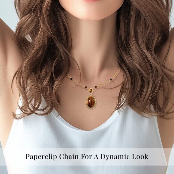 Women's Yellow Tigers Eye Necklace in ION Plated YG Stainless Steel - Picture 2 of 3